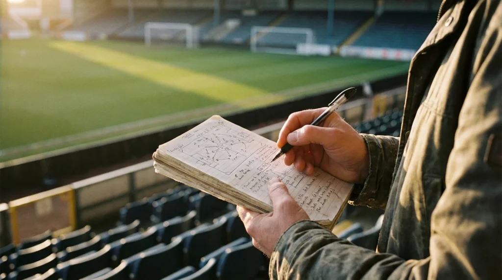 Persona che analizza statistiche di calcio su un quaderno con appunti accanto a un campo da calcio sfocato sullo sfondo