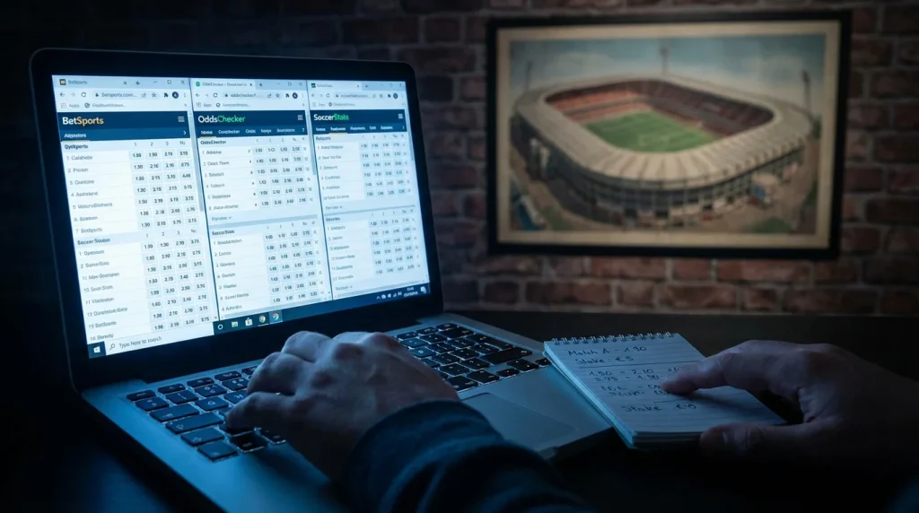 Schermo di un computer con quote di scommesse calcistiche aperte su più bookmaker in una stanza con luce soffusa
