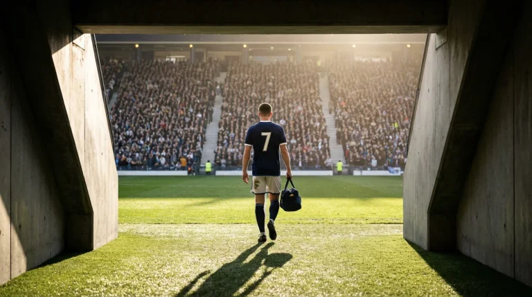 Giocatore di calcio con una nuova maglia che entra in campo per la prima volta in uno stadio affollato sotto i riflettori
