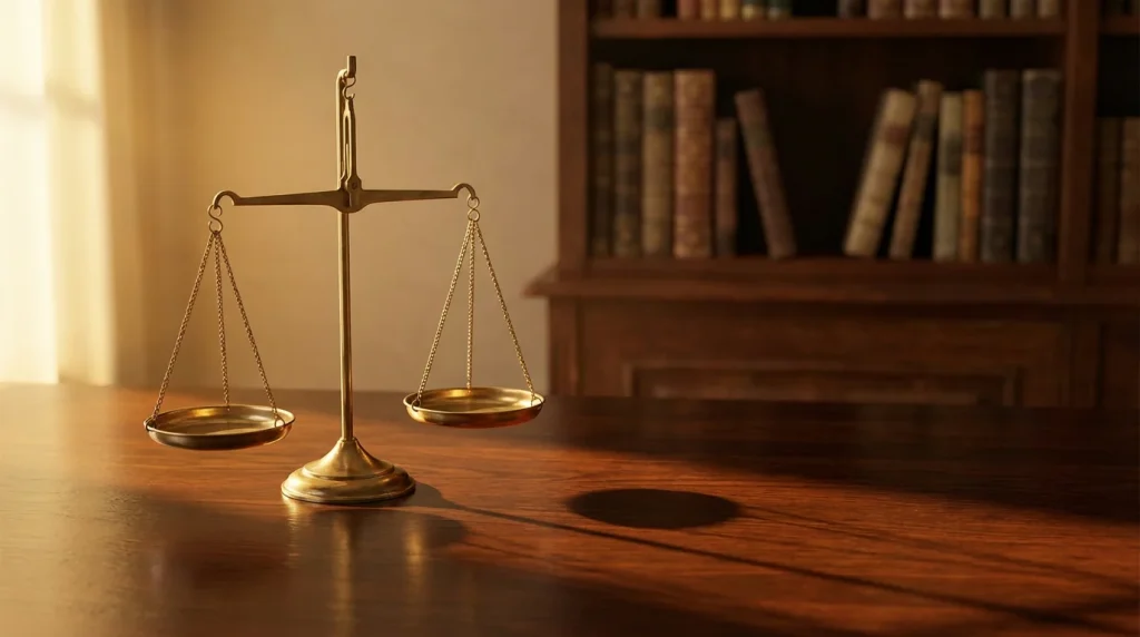Bilancia a due piatti in equilibrio su una superficie di legno con luce laterale calda simbolo del confronto prezzi