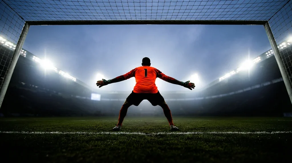 Portiere di calcio in posizione pronto a tuffarsi davanti alla porta su un campo in erba naturale