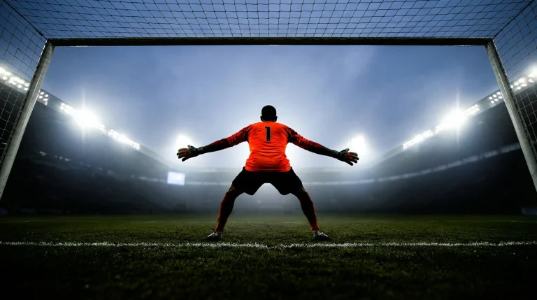 Portiere di calcio in posizione pronto a tuffarsi davanti alla porta su un campo in erba naturale