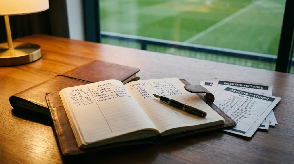 Registro di scommesse sportive con penna su una scrivania ordinata accanto a un campo da calcio