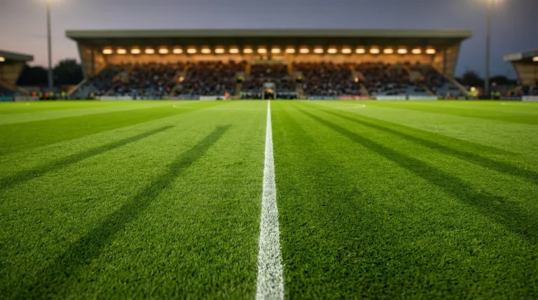 Campo da calcio con linea di centrocampo in primo piano e spalti sfocati sullo sfondo durante una partita serale