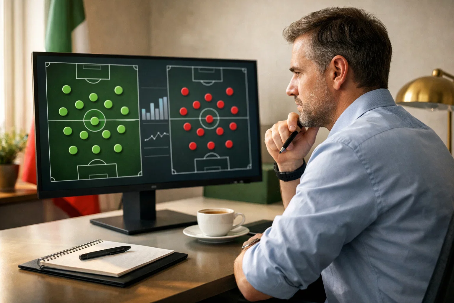 Scommettitore professionista che analizza partite di calcio su monitor con statistiche