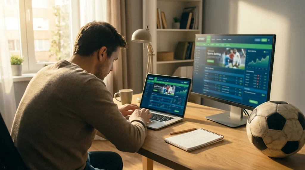 Persona al computer che confronta offerte bonus di scommesse sportive con appunti e un pallone da calcio sulla scrivania