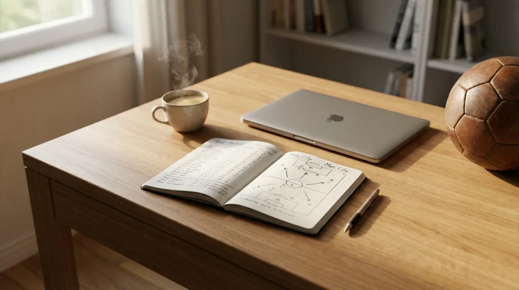 Scrivania ordinata con laptop aperto e quaderno di appunti con dati calcistici accanto a una tazza di caffè