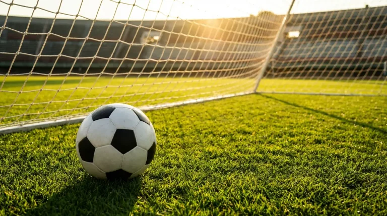 Rete di una porta da calcio vista dal campo in erba con un pallone in primo piano durante una partita