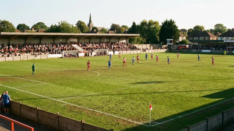 Piccolo stadio di calcio di provincia con tribune basse e un campo in erba durante una partita pomeridiana