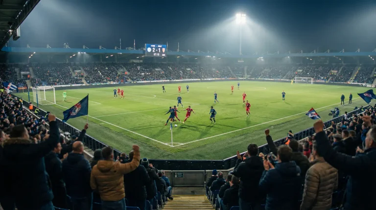 Partita di calcio in corso con tabellone elettronico e spettatori allo stadio durante una partita serale