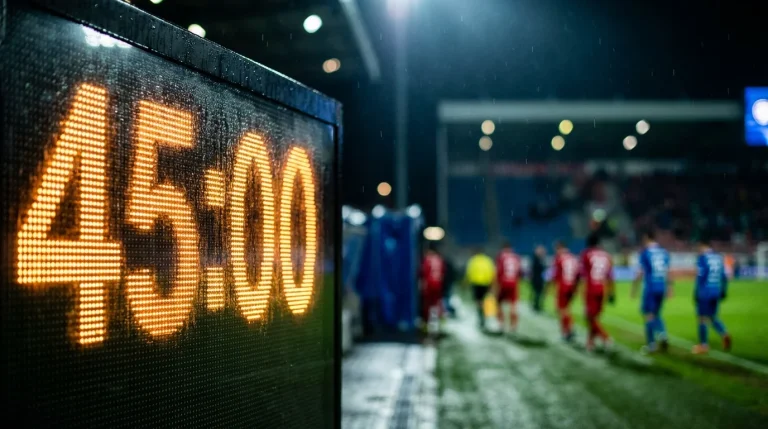 Orologio da stadio che segna il 45esimo minuto su un tabellone luminoso con un campo da calcio in erba sullo sfondo