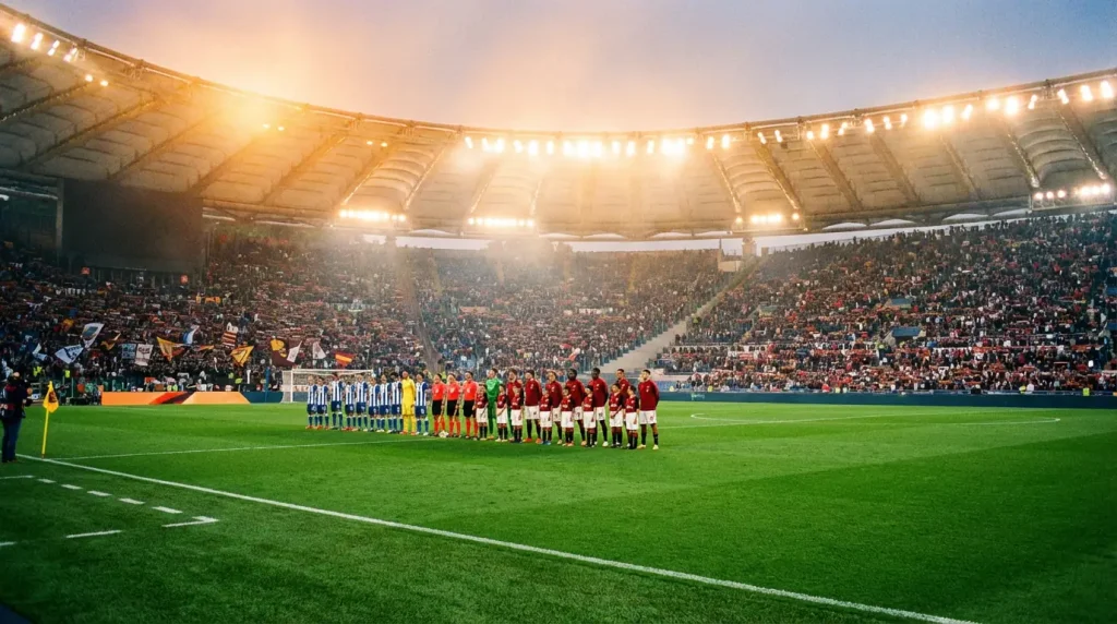 Panoramica di uno stadio italiano di Serie A illuminato di sera con il campo in erba verde e tifosi sugli spalti