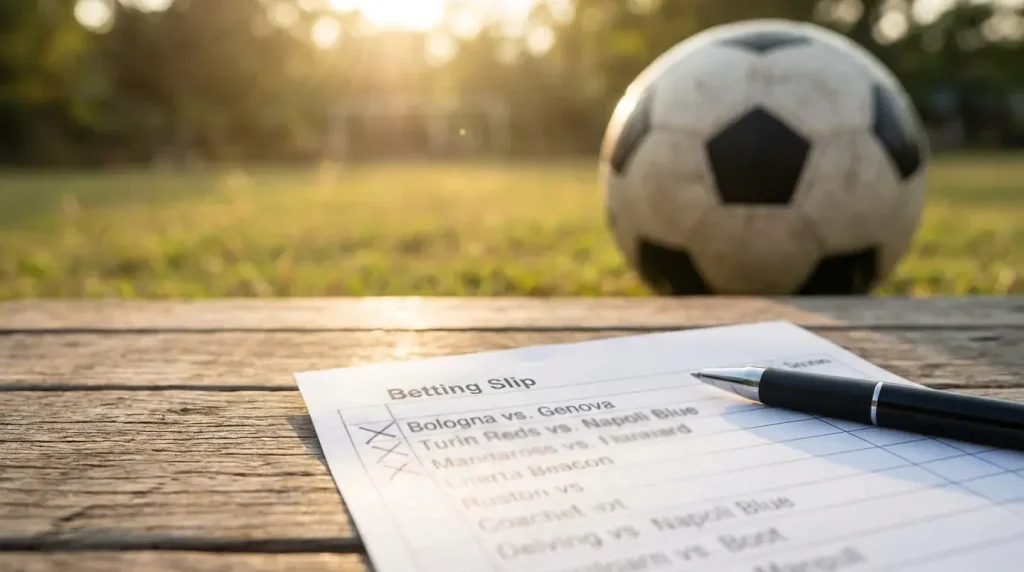 Schedina di scommesse calcistiche su un tavolo con un pallone da calcio in primo piano e uno stadio sullo sfondo