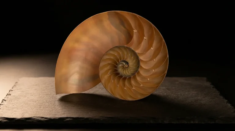 Conchiglia nautilus con spirale di Fibonacci su sfondo scuro con luce laterale morbida