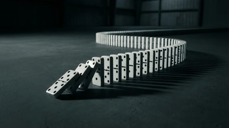 Fila di tessere del domino in piedi pronte a cadere su una superficie scura con luce drammatica