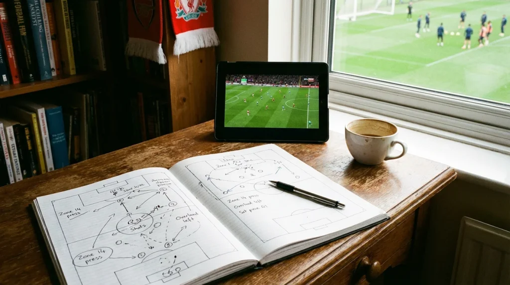 Analista sportivo che studia dati di una partita di calcio su un taccuino con un campo in erba sullo sfondo