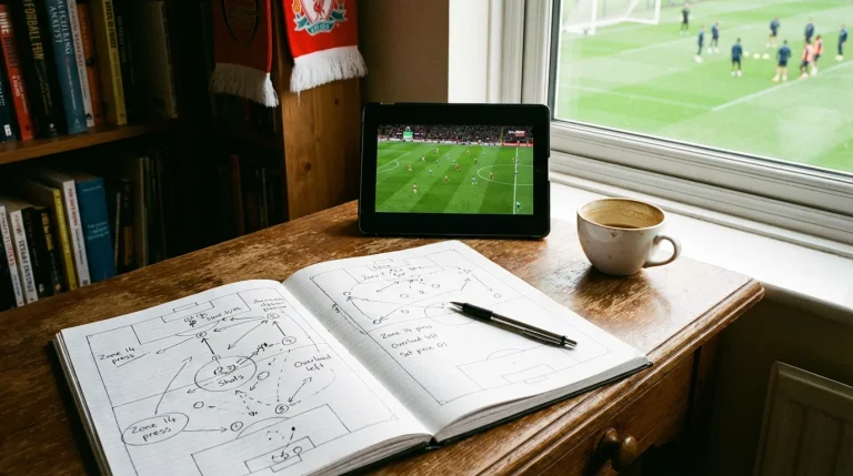 Analista sportivo che studia dati di una partita di calcio su un taccuino con un campo in erba sullo sfondo