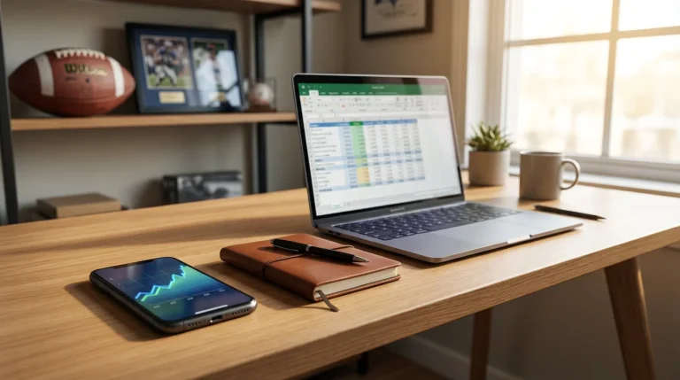 Smartphone e laptop su una scrivania che mostrano grafici di andamento delle scommesse sportive accanto a un taccuino