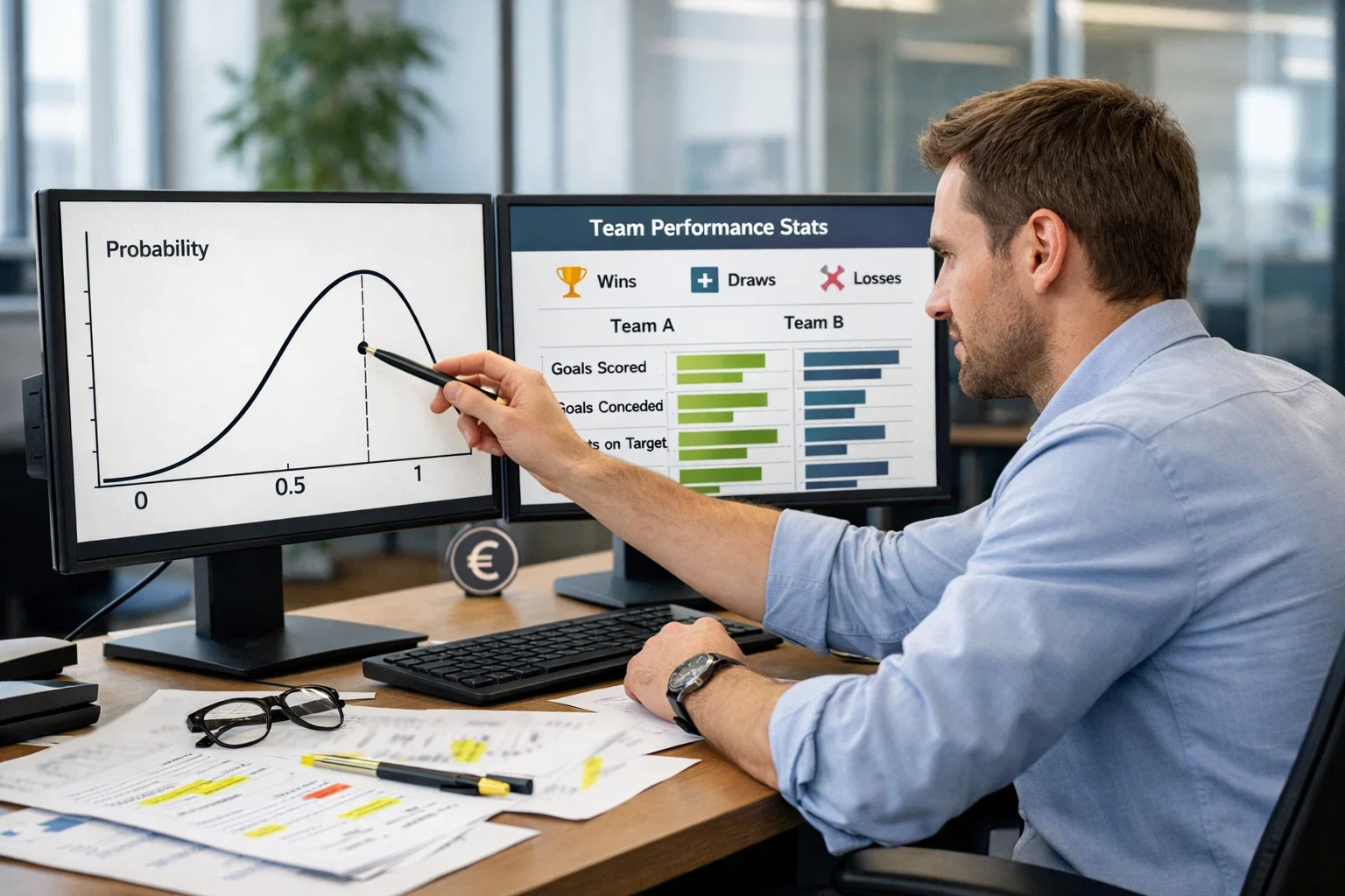 Professionista che confronta probabilità e quote su documenti e schermo