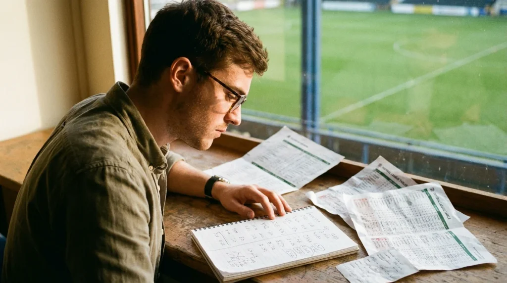 Scommettitore che analizza quote calcistiche su un foglio di appunti accanto a un campo da calcio
