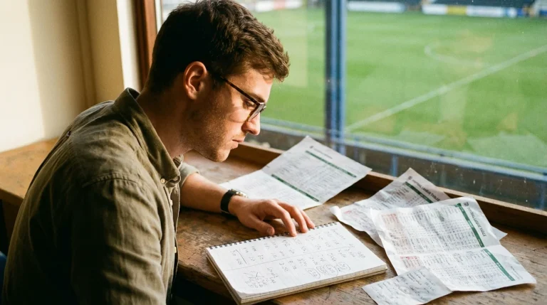 Scommettitore che analizza quote calcistiche su un foglio di appunti accanto a un campo da calcio